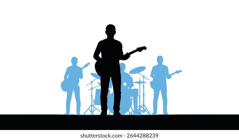 Músico se apresentando com um band.jpg holográfico	Músico talentoso tocando com banda holográfica Future Concert	Um músico talentoso toca ao vivo ao lado de uma banda holográfica dinâmica, criando um imm