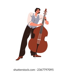 Musician performing on double bass, playing classical and jazz music. Happy man player standing with contabass, fingers on big string instrument. Flat vector illustration isolated on white background