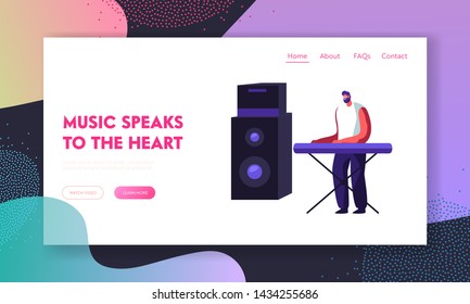 Musician Performing on Stage Playing Electric Piano or Synthesizer with Huge Dynamic. Man Artist Playing Musical Show Concert Website Landing Page, Web Page. Cartoon Flat Vector Illustration, Banner