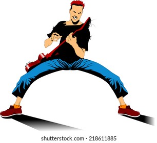 musician performs solo party on the red guitar. vector illustration