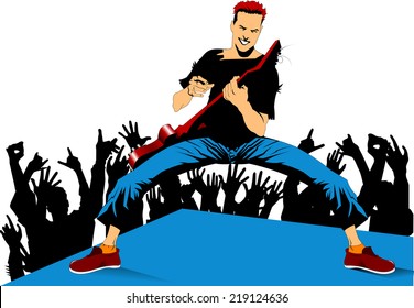 musician performs solo party on the red guitar. vector illustration