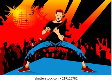 musician performs solo party on the red guitar. vector illustration