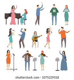 Musician persons in different music duets. Vector characters of singers