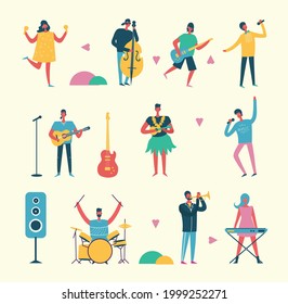 Musician persons in different music duets. Vector characters of singers