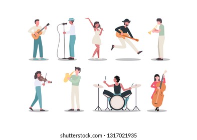 Musician persons are singing on white background. Vector characters of singers. 