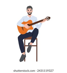 Musician play acoustic guitar. Classical music performance. Guitarist sit on stool. Flat vector illustration isolated on white background