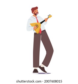 Musician Play Balalaika, Male Character with String Instrument Perform on Stage Folk Music Concert. Performance on Philharmonic Scene, Instrumental Ensemble, Show. Cartoon People Vector Illustration