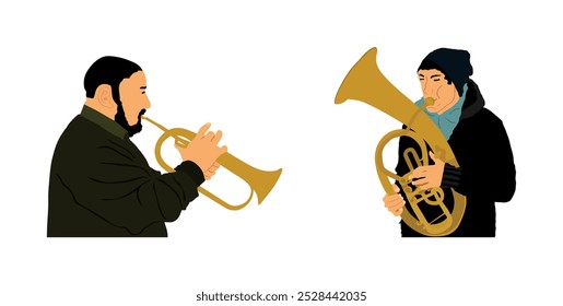 Musician player boy tenor horn duet vs trumpet man vector illustration isolated. Music duo artist men play wind instrument. Jazz man saxhorn. Bugler performer. Male trumpeter. Classic music blow event