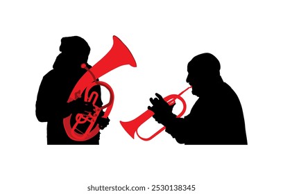 Músico jugador chico tenor cuerno dueto vs trompeta hombre Vector silueta ilustración aislada. Los hombres del artista del dúo de la música juegan el instrumento de viento. Jazz hombre saxhorn. Sombra de la forma del trompetista masculino del intérprete de Bugler.