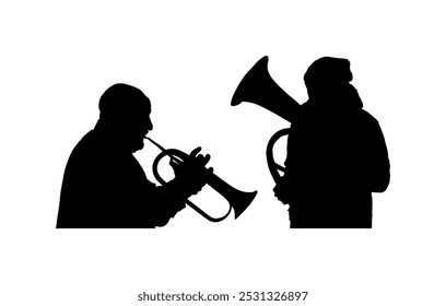 Músico jogador menino tenor chifre dueto vs trompete homem vetor silhueta ilustração isolada. Artista duo musical homens tocar instrumento de vento. Jazz homem saxhorn. Bugler executor masculino trompetista forma sombra.