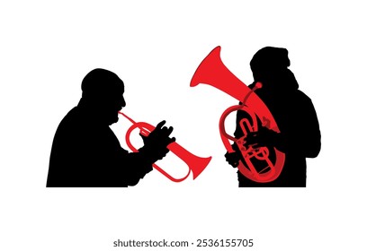 Músico jogador menino tenor chifre dueto vs trompete homem vetor silhueta ilustração isolada. Artista duo musical homens tocar instrumento de vento. Jazz homem saxhorn. Bugler executor masculino trompetista forma sombra.