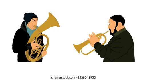 Músico jogador menino tenor chifre dueto vs trompete homem vetor ilustração isolado. Artista duo musical homens tocar instrumento de vento. Jazz homem saxhorn. Perseguidor. Trompetista macho. Evento de sopro de música clássica