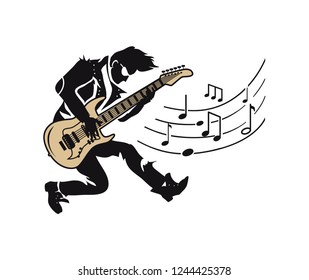 Musician player, guitarist with guitar and notes vector. Professional expert playing electric instrument making sounds. Blues, rock and jazz concert