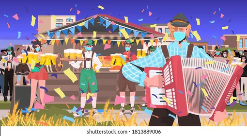 musician playing accordion mix race people having fun octoberfest party celebration open air outdoor festival cityscape background full length horizontal vector illustration