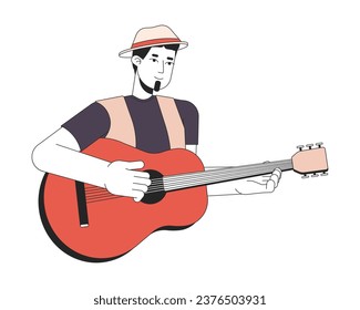 Musician playing acoustic guitar 2D linear cartoon character. Caucasian guy holding instrument isolated line vector person white background. Guitarist live performance color flat spot illustration