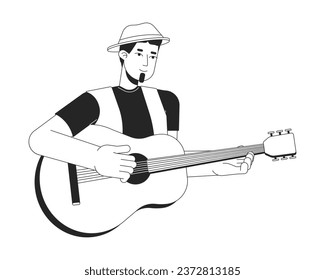 Musician playing acoustic guitar black and white 2D line cartoon character. Caucasian guy holding instrument isolated vector outline person. Guitarist performance monochromatic flat spot illustration