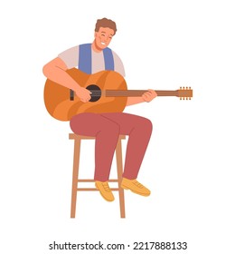 Musician playing acoustic guitar, isolated male personage smiling and giving performance or concert. Man with string instrument. Cartoon character, vector in flat style