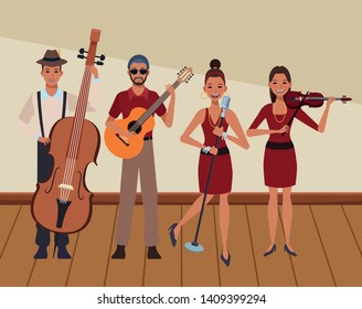 musician playing in a band avatar cartoon character indoor rehearsal room vector illustration graphic design