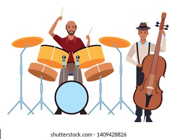 musician playing bass and drums avatar cartoon character vector illustration graphic design