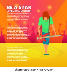 Musician playing bass guitar. Rock concert crowd background. Cartoon style illustration