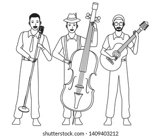 musician playing bass guitar and singing avatar cartoon character black and white vector illustration graphic design