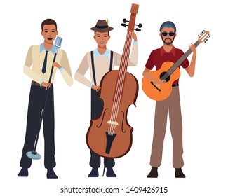 musician playing bass guitar and singing avatar cartoon character vector illustration graphic design