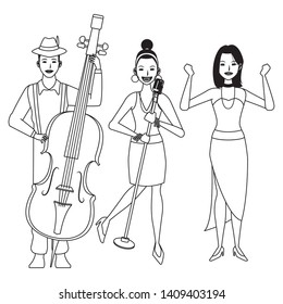 musician playing bass singing and dancing avatar cartoon character black and white vector illustration graphic design