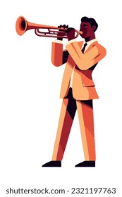 Musician playing brass instrument in shiny suit icon isolated