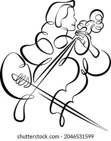 Músico tocando el violoncelo.Una línea continua.
Retrato de un músico.
El logotipo de una línea de dibujo continua aisló una ilustración mínima.