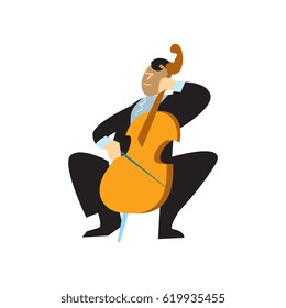 Musician playing cello vector illustration isolated on white background. Classical music orchestra artist with music instrument in flat design.