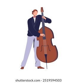 Musician playing double bass, performance with classical string instrument. Talented male professional in suit, performing music, jazz symphony. Flat vector illustration isolated on white background