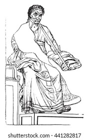 Musician playing the double flute, and after a weathered paint Pompeii, vintage engraved illustration. Magasin Pittoresque 1836.
