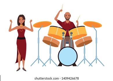 musician playing drums and dancing avatar cartoon character vector illustration graphic design