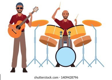 musician playing drums and guitar avatar cartoon character vector illustration graphic design