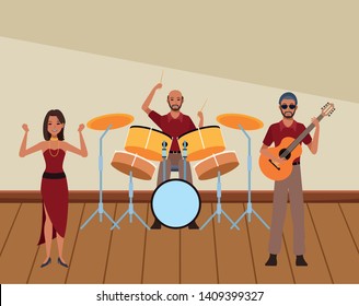 musician playing drums guitar and dancing avatar cartoon character indoor rehearsal room vector illustration graphic design