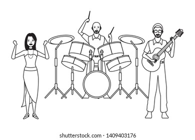 musician playing drums guitar and dancing avatar cartoon character black and white vector illustration graphic design
