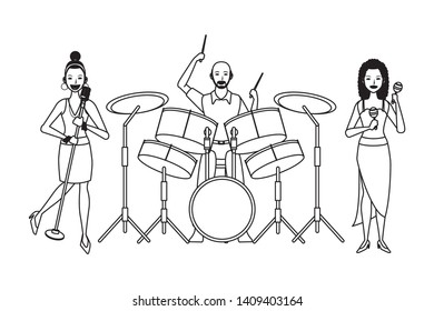 musician playing drums maracas and singing avatar cartoon character black and white vector illustration graphic design