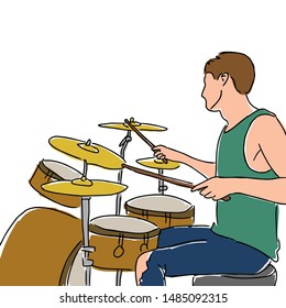 Musician playing drums on a white background. Vector hand drawn design illustration