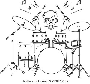 Músico Tocando a página de contorno da bateria. Clip-art desenhado à mão no dia do trabalho