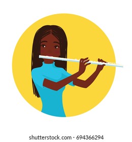 Musician playing flute. Girl flutist is inspired to play a classical musical instrument. Vector illustration in cartoon style in the yellow circle on white background for your design and print.