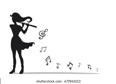 Musician playing a flute in mini concert. Vector style of a woman and instrument with music notes. Silhouette on white background