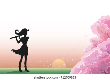Musician playing a flute on garden background. Drawing of a woman playing a music with sunset and spring cherry blossoms. Silhouette vector style. 