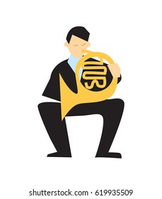 Musician playing french horn vector illustration isolated on white background. Classical music orchestra artist with music instrument in flat design.