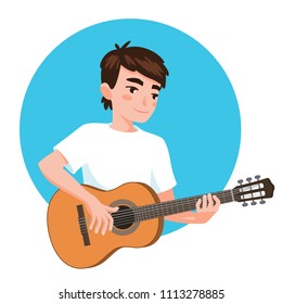 Musician playing guitar. Asian boy guitarist is inspired to play a classical musical instrument. Vector illustration in flat cartoon style in circle on white background for your design and print.