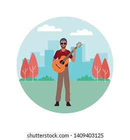 musician playing guitar avatar cartoon character in the park cityscape round icon vector illustration graphic design