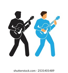 Musician Playing Guitar Black and White Silhouette, Color Vector Art In illustration