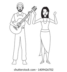 musician playing guitar and dancing avatar cartoon character black and white vector illustration graphic design