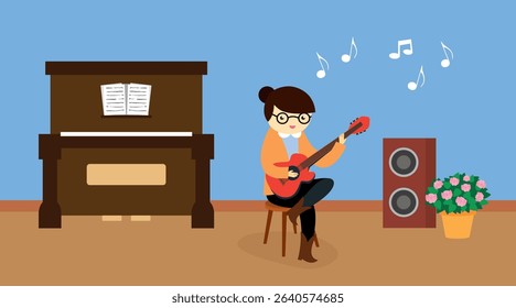 Musician playing guitar in the living room. Vector illustration in flat style