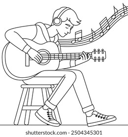 Musician Playing a Guitar Outline Coloring Page. Labor Day Hand Drawn Clip art