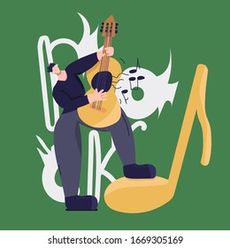 Musician playing a guitar, rock star performs a melody, flat vector illustration for print, website advertising, design element, icon